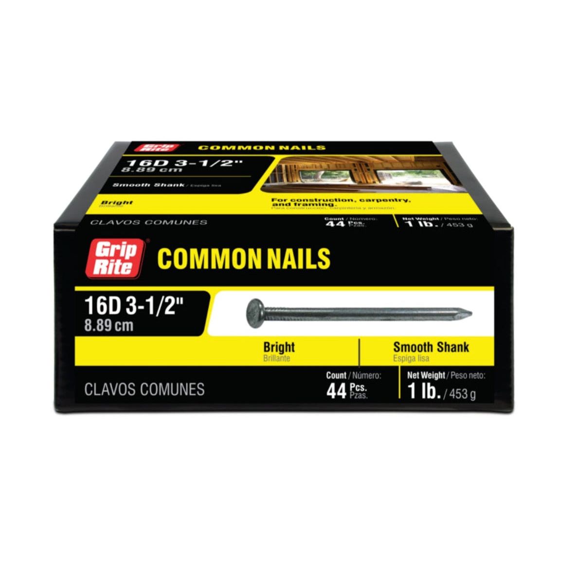 Grip-Rites 1 lb. pack contains 44 #8 x 3-1/2 in. 16D bright common nails with a smooth shank, labeled as GRIP-RITE 16C1.